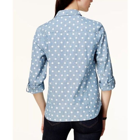 Tommy Hilfiger Women's Small Button Utility Shirt Cotton Polka Dot Chambray Blue - Picture 3 of 9